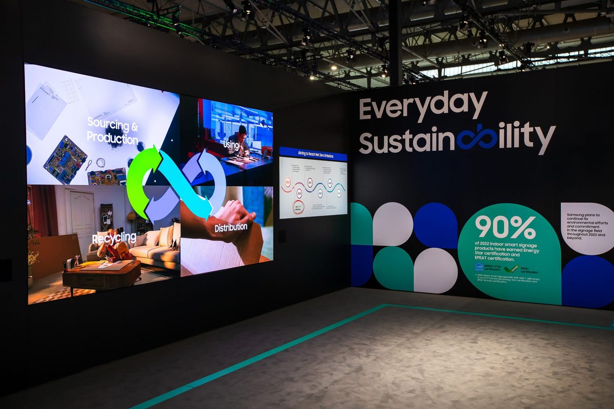 A Samsung exhibition booth with large screens and a wall reading Everyday Sustainability.