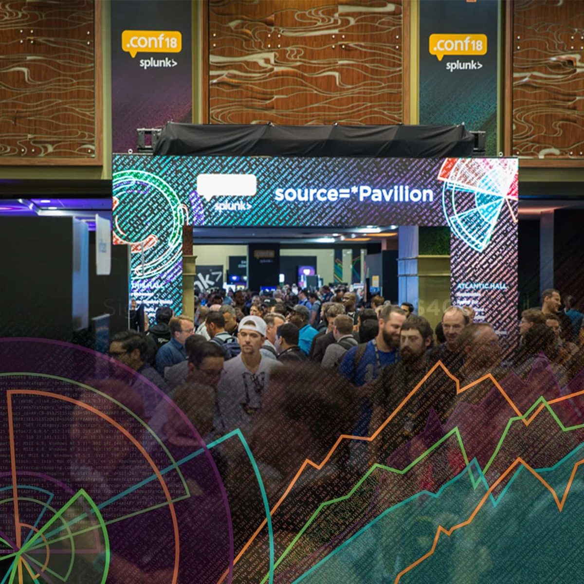 A crowd under the lit-up source=*Pavilion arch at Splunk's .conf.