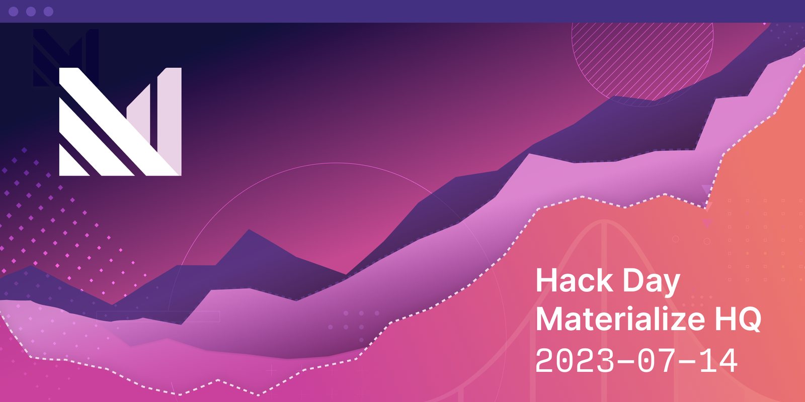 A pink-to-purple title card with a layered data-chart landscape and the Materialize logo, reading Hack Day Materialize HQ 2023-07-14.