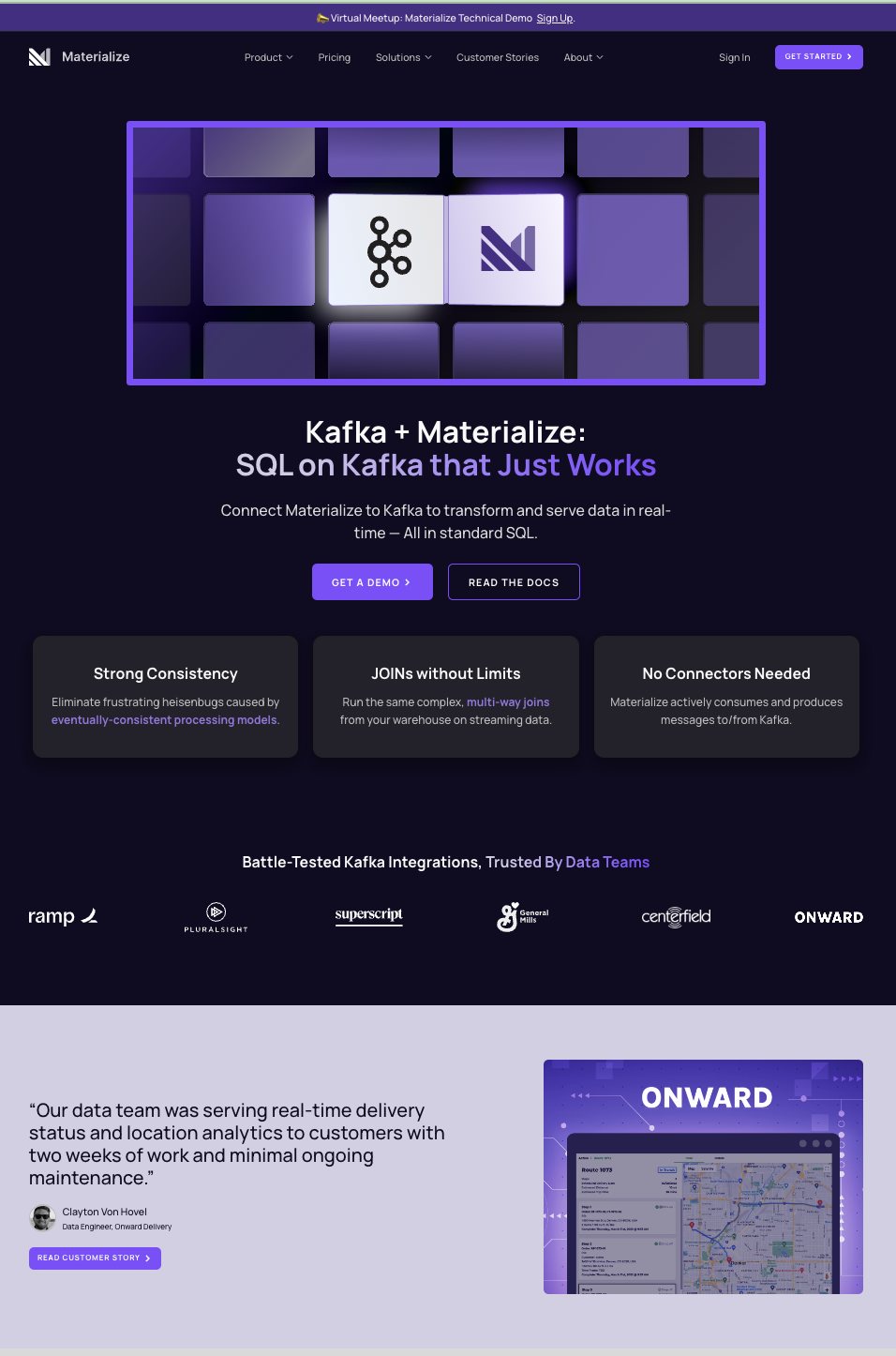 A Materialize landing page headlined Kafka + Materialize: SQL on Kafka that Just Works.