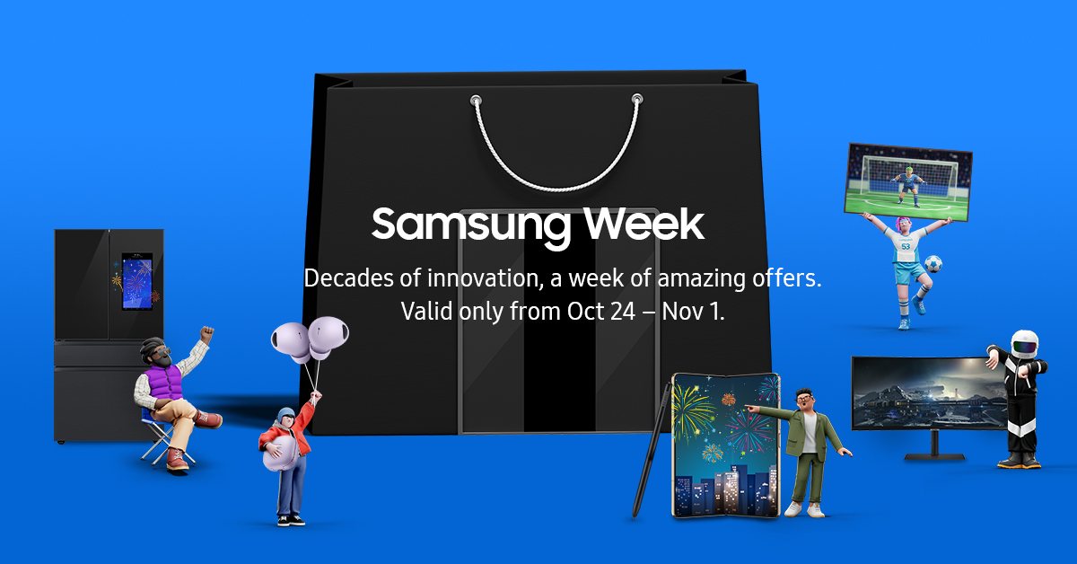 A blue Samsung Week graphic with a black shopping bag, a refrigerator, a monitor and small illustrated figures.