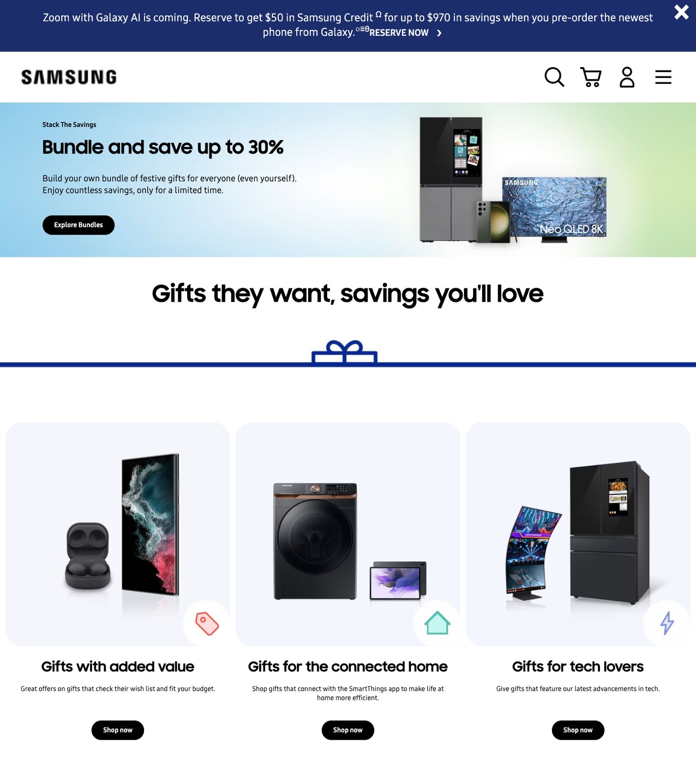 A samsung.com page headlined Gifts they want, savings you’ll love, with three groups of products.