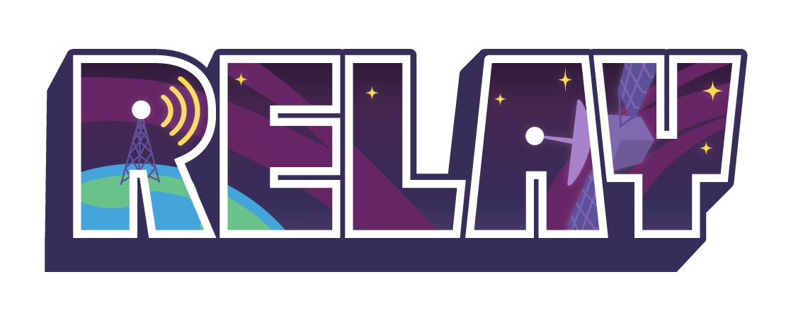 The word RELAY in outlined block letters with a radio tower, stars and a planet.